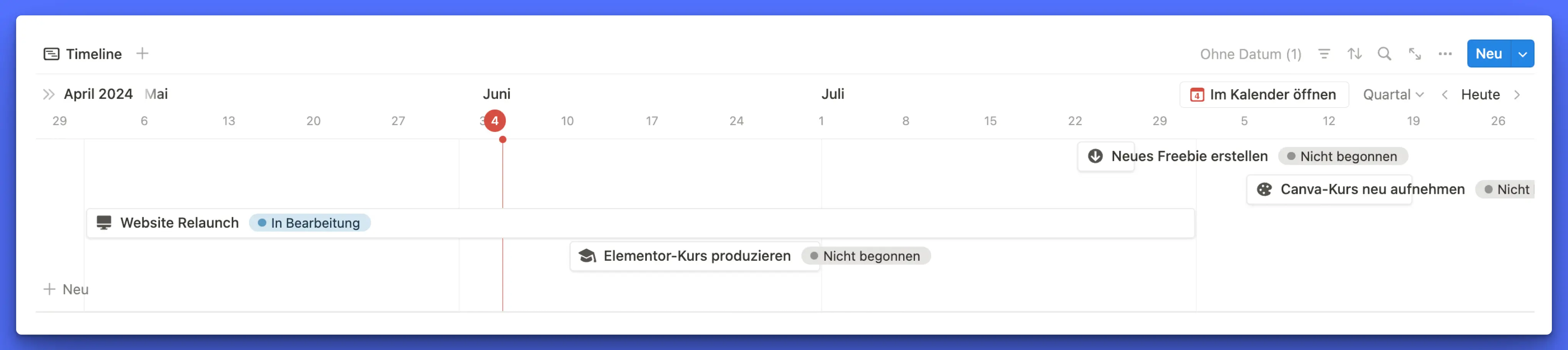 Timeline-Ansicht einer Notion-Projektdatenbank mit mehreren Projekten als Balken über mehrere Monate