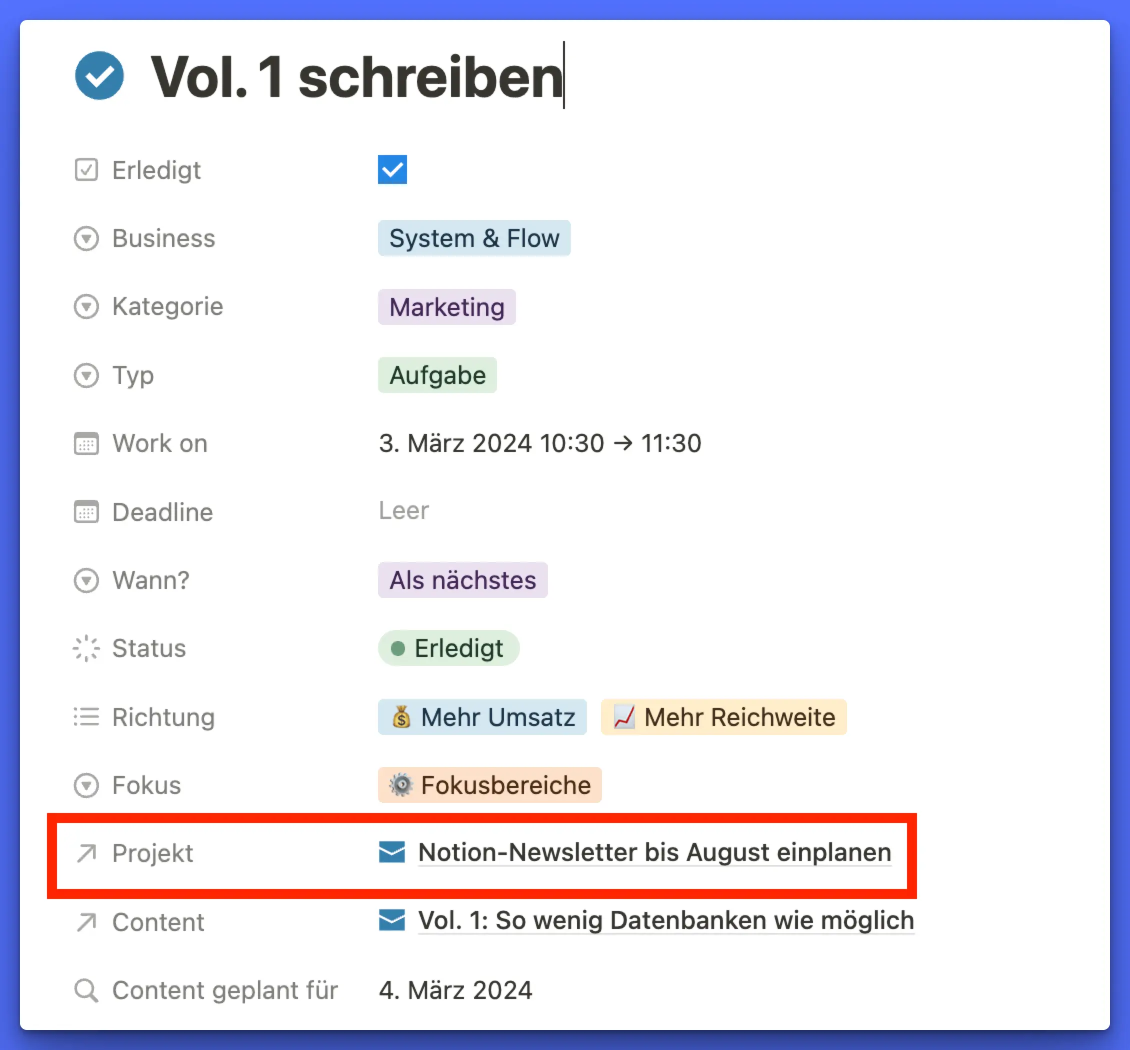 Notion-Aufgabe mit Eigenschaften wie Status, Richtung und einer Verknüpfung zum zugehörigen Projekt
