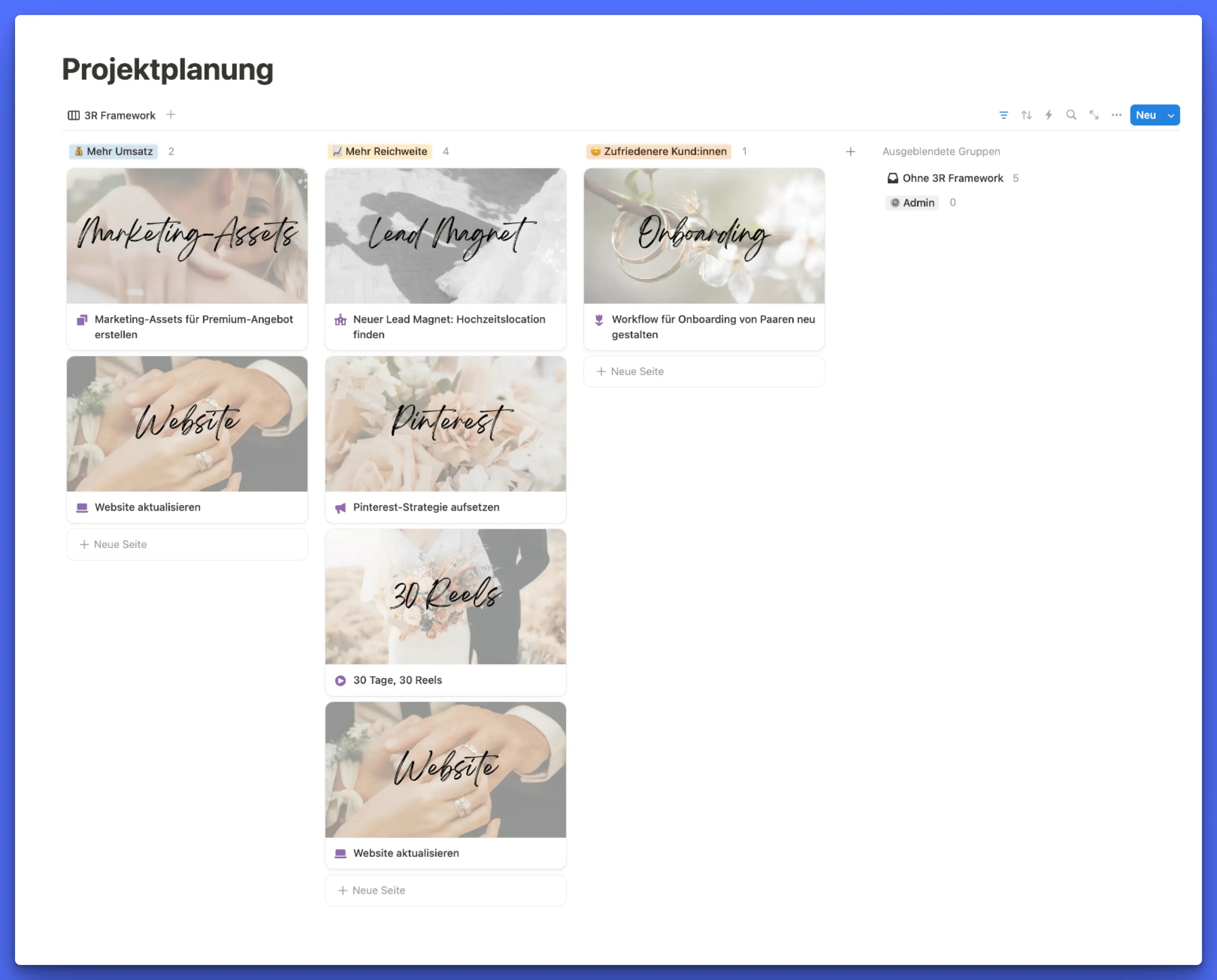 Board-Ansicht einer Notion-Projektdatenbank, gruppiert nach Mehr Umsatz, Mehr Reichweite und Zufriedenere Kund:innen